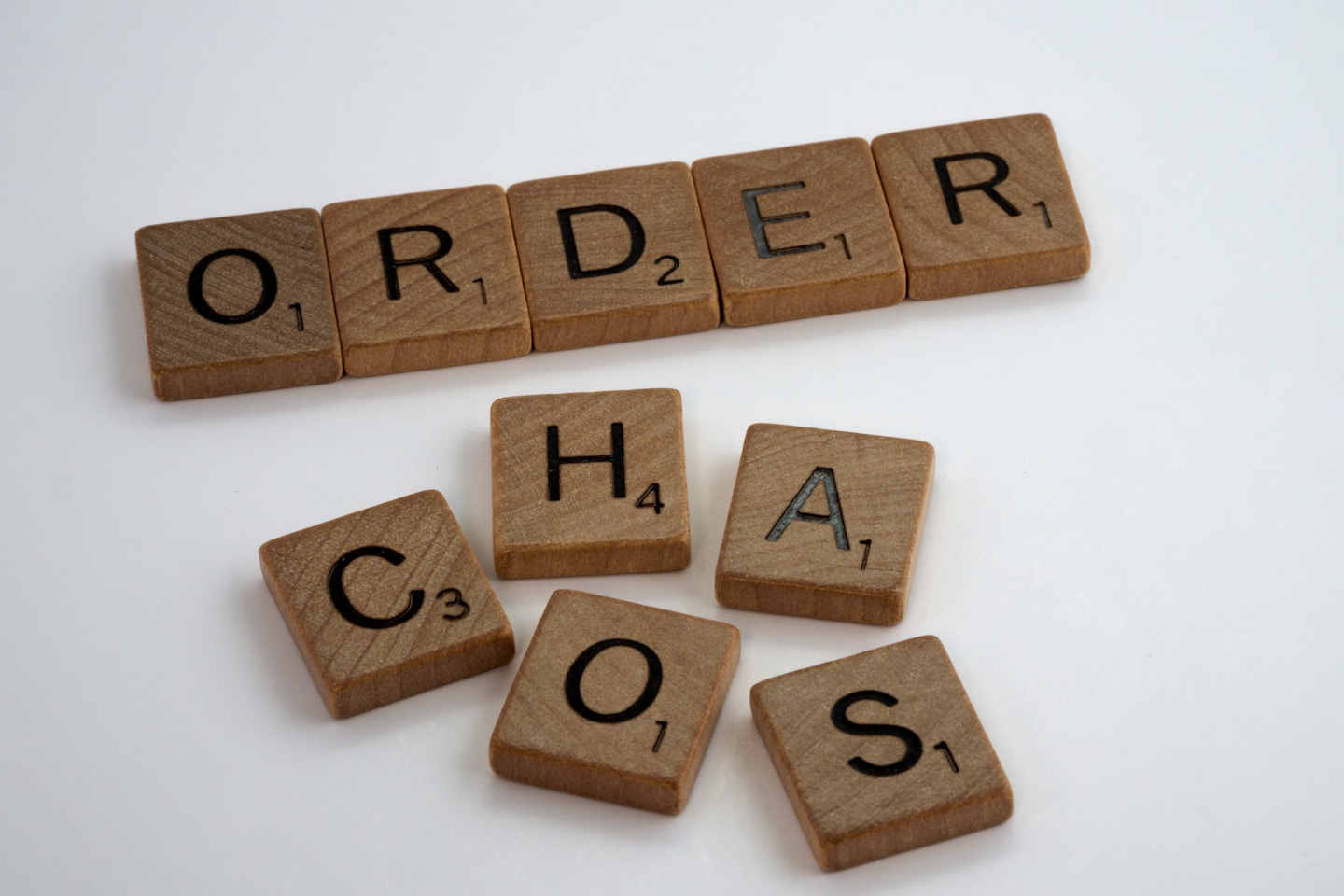 scrabble, scrabble pieces, lettering, letters, wood, scrabble tiles, white background, words, quote, order, chaos, disorder, oranise, disorganised, untidy,