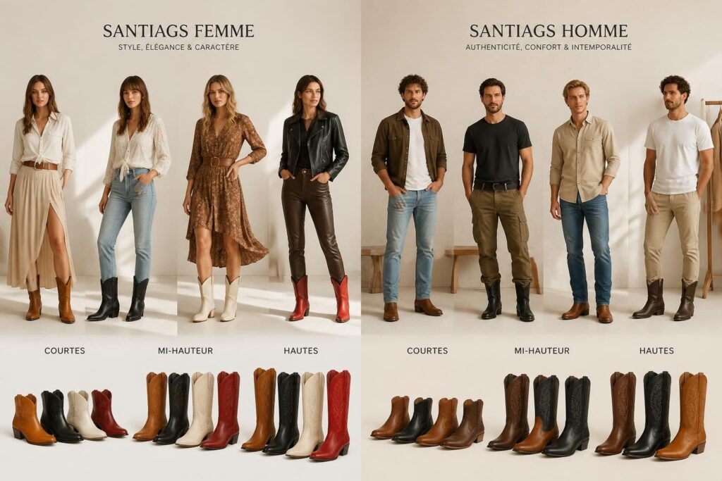 découvrez comment assortir vos santiags, femme ou homme, en fonction de leur hauteur et de leur couleur pour un style tendance et harmonieux.