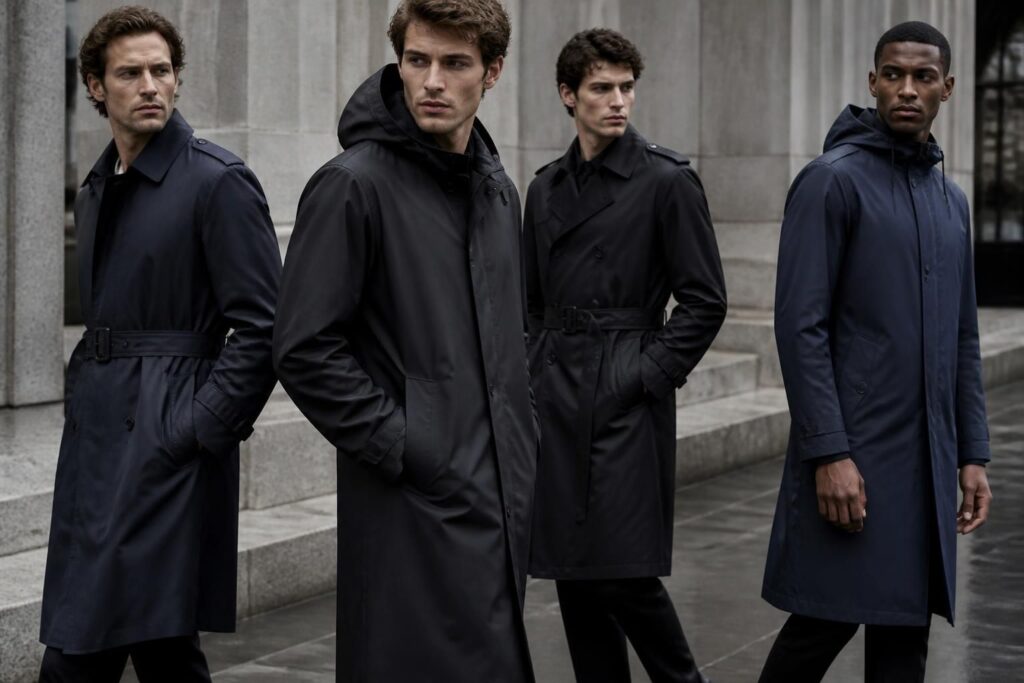 découvrez notre collection de trenchs imperméables pour homme, disponibles en noir, bleu marine, longs ou avec capuche, pour allier style et protection contre la pluie.