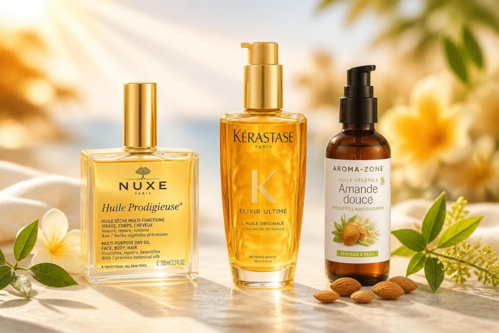 découvrez notre sélection d'huiles cheveux à protection solaire des marques nuxe, kérastase et aroma zone pour préserver beauté et santé de vos cheveux sous le soleil.