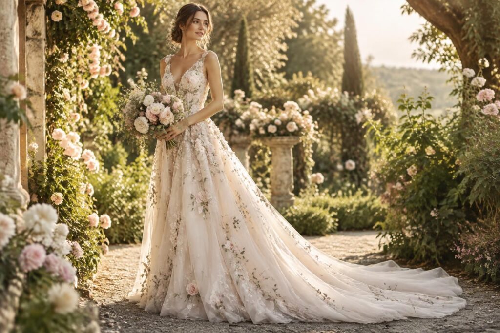 découvrez nos robes de mariée fleuries, idéales pour un look romantique et bohème. des motifs délicats pour célébrer votre grand jour avec élégance.