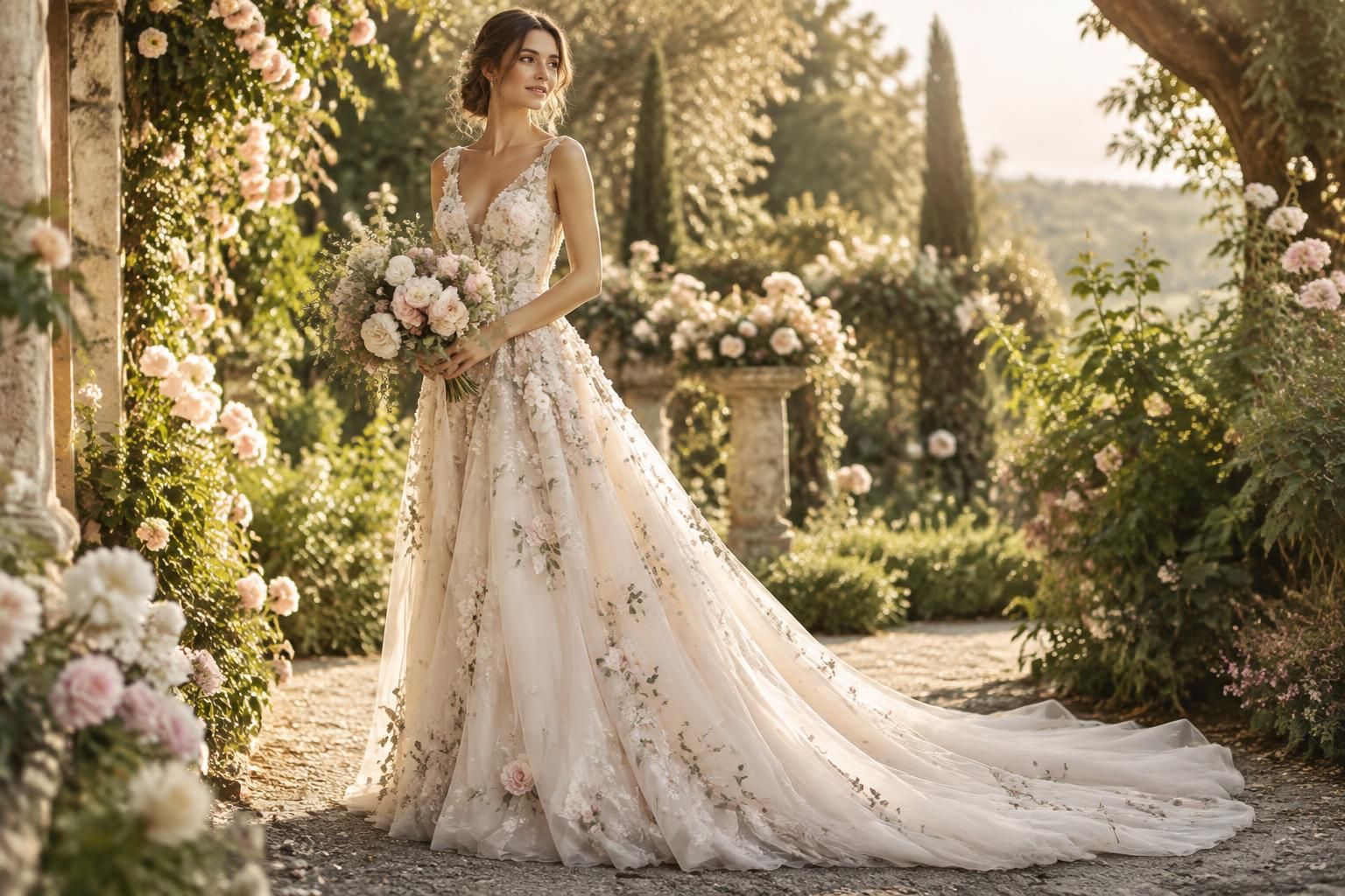 découvrez nos robes de mariée fleuries, idéales pour un look romantique et bohème. des motifs délicats pour célébrer votre grand jour avec élégance.