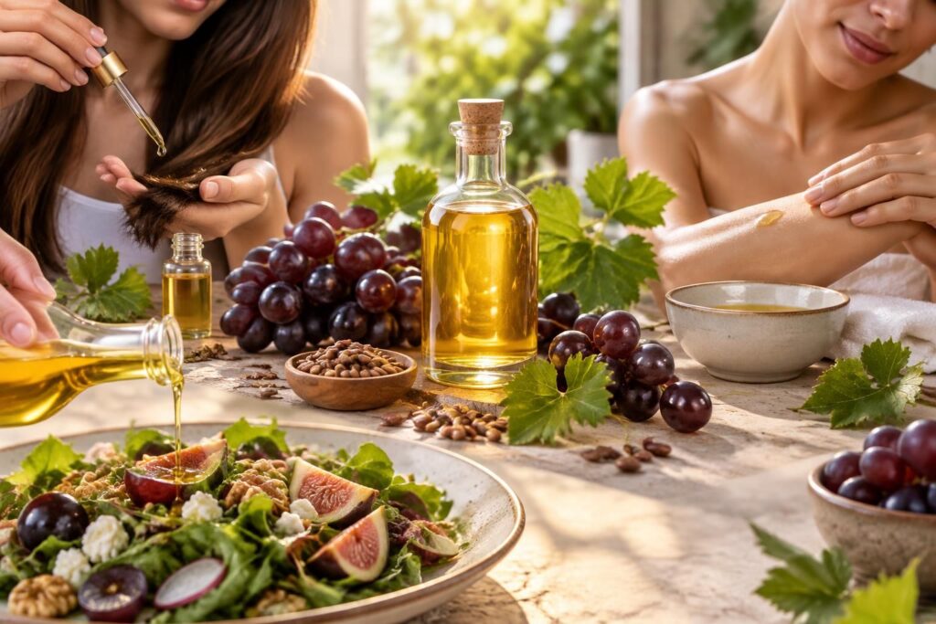découvrez les bienfaits de l’huile de pépins de raisin pour nourrir les cheveux, prendre soin de la peau et sublimer vos recettes en cuisine.